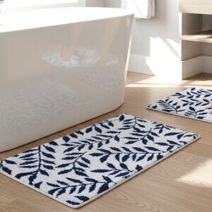 2 Bath Rugs Charter Club Botanical Leaves Leaf 19.3"x34"Non Skid White/Dark Blue